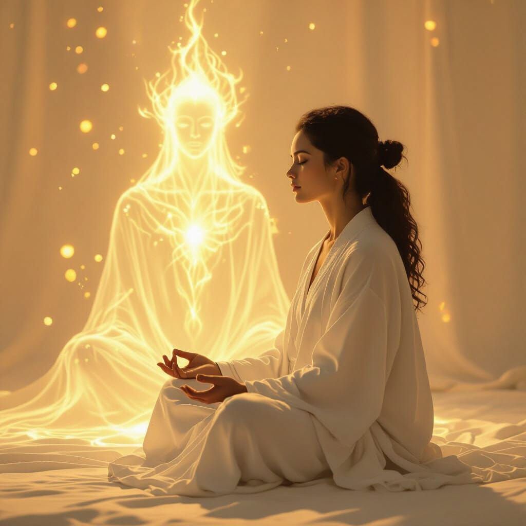 Meditating Person with Shadow of Glowing Entity