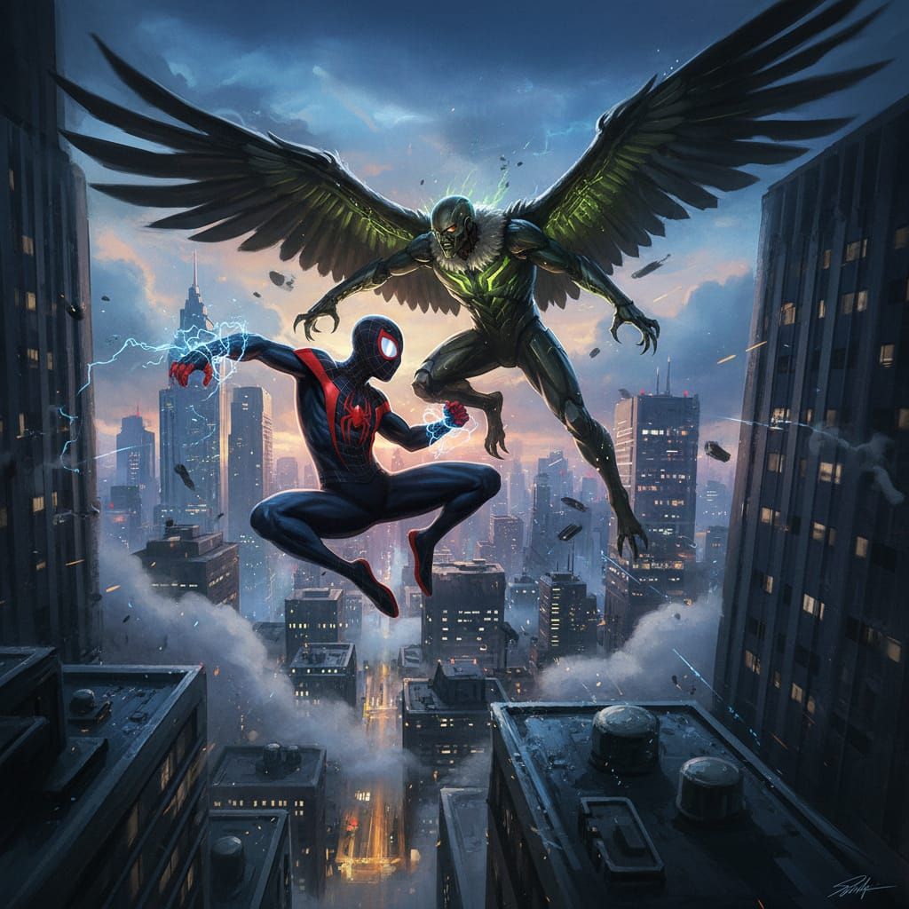 Spider-Man Battles Vulture Above Twilight Cityscape