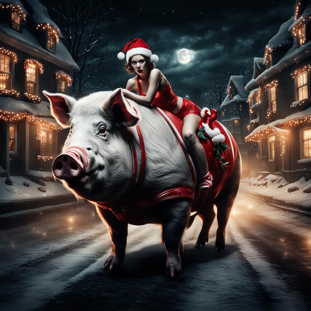 Woman Rides Pig in Dark, Creepy Christmas Scene