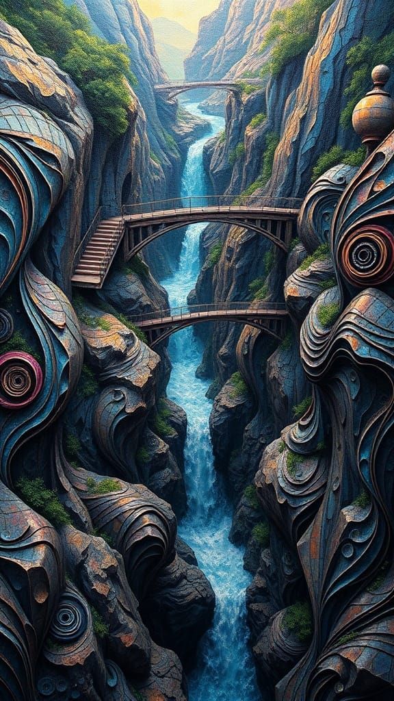 Bridge Falls Down over a Deep Ravine Moebius contrasting colors deep color detailed painting hyperrealism impasto oil on...