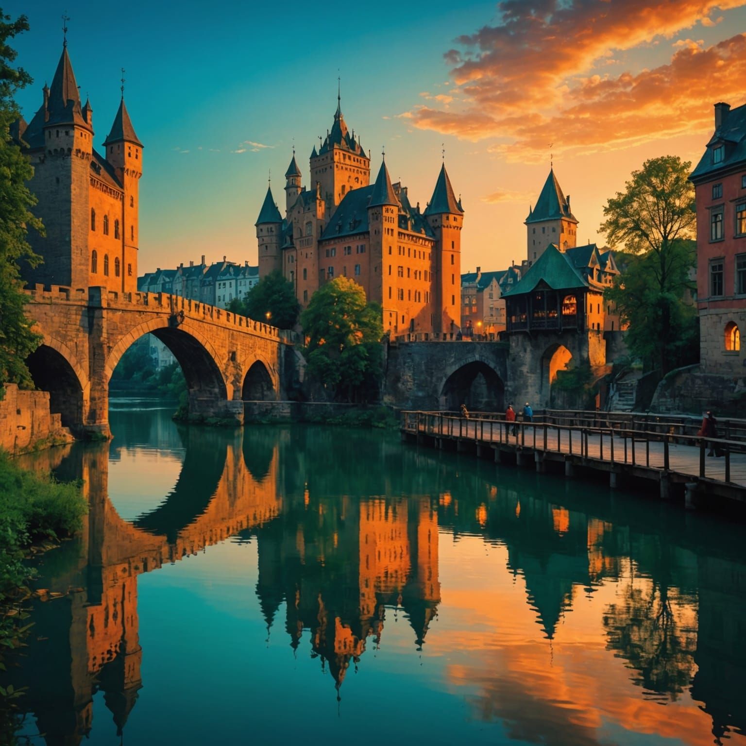 Picturesque River City at Dusk: Hyperrealistic Splash Art