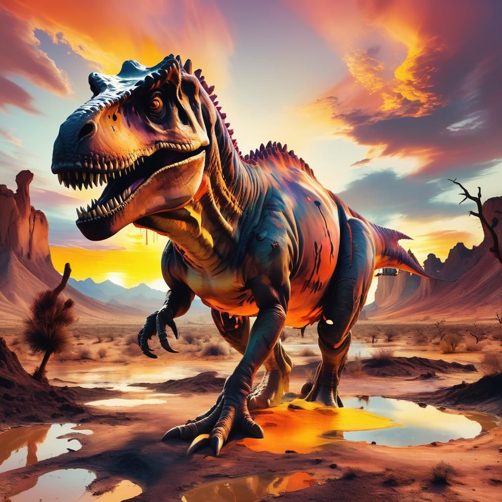 Surreal T Rex Sunset in Vibrant Oil Painting Style