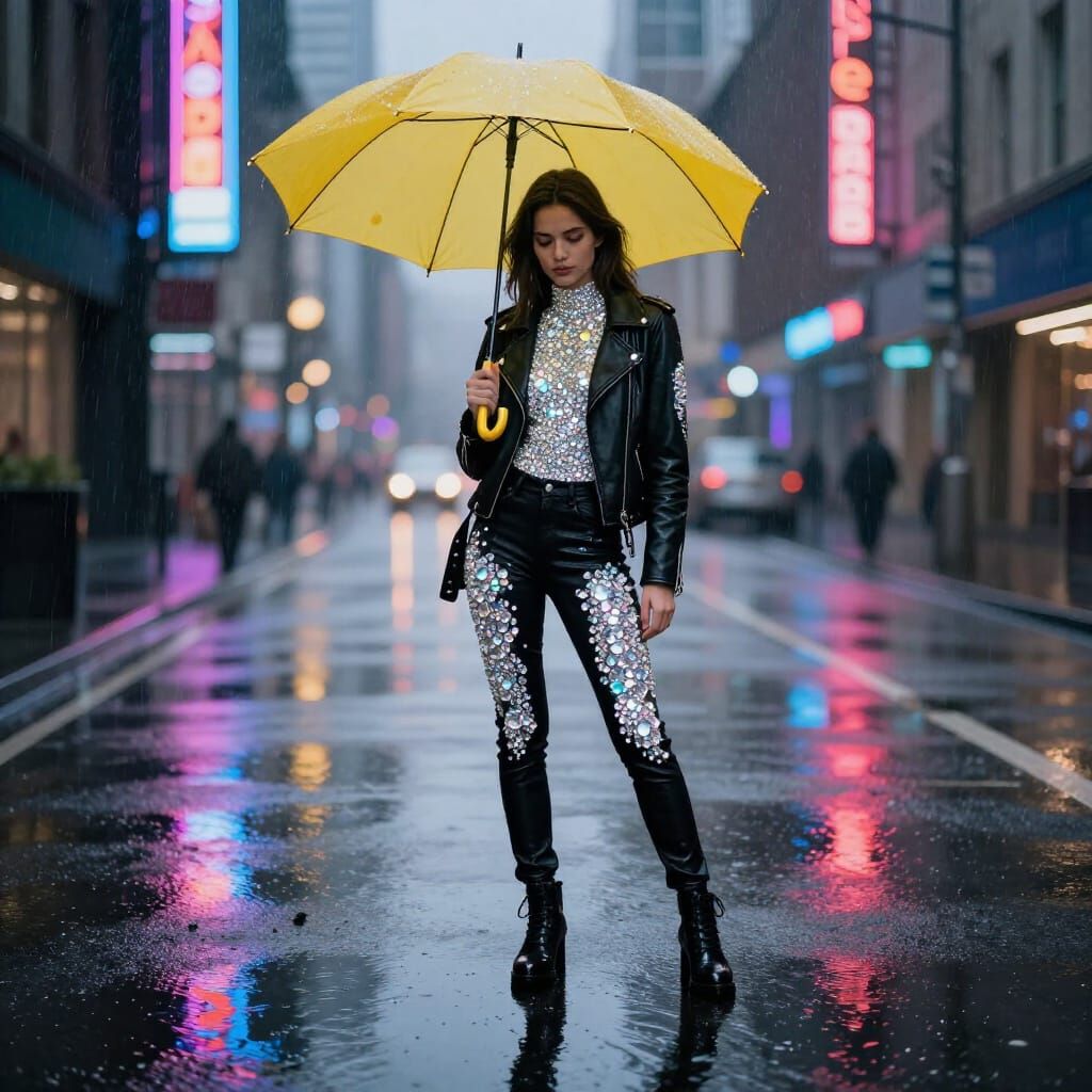 Diamond Woman with Yellow Umbrella in Neon City Rain