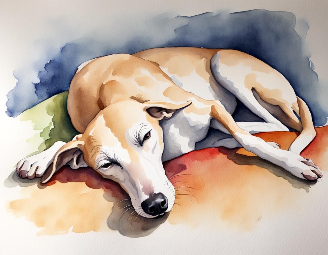 Watercolor of Sleeping Whippet