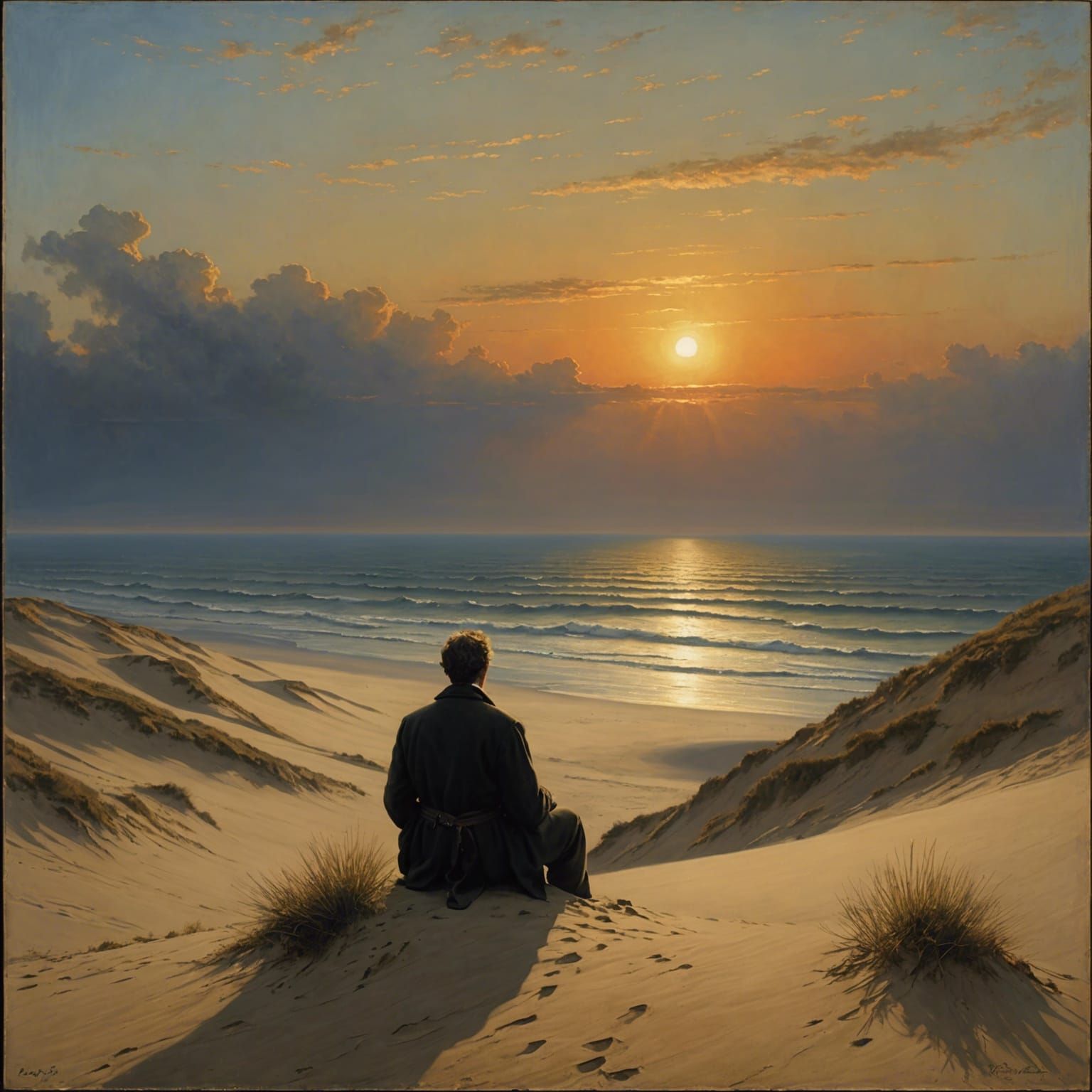 Solitary Man Watching Sunset: Romanticism Oil Painting