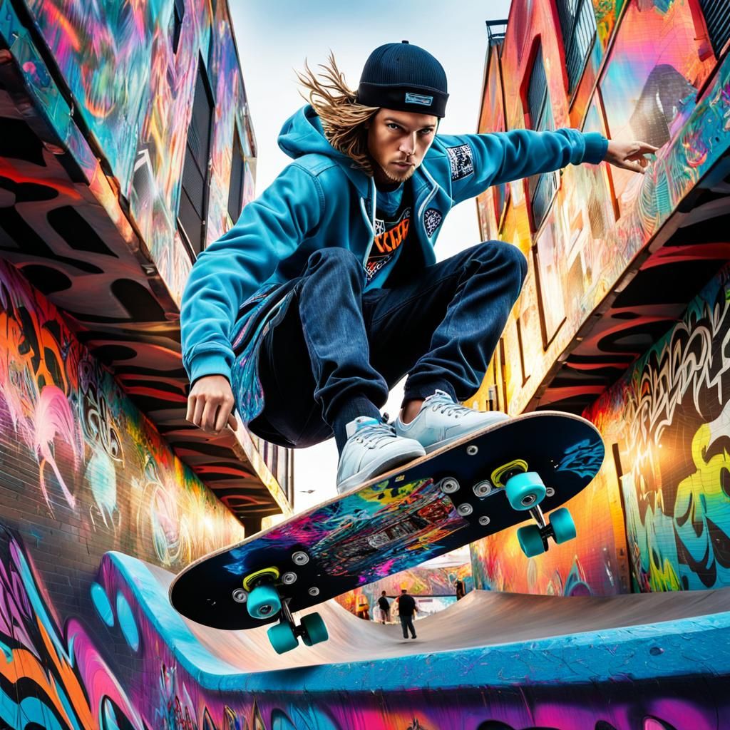 Skateboarder Mid-Air in Psychedelic Graffiti Skatepark