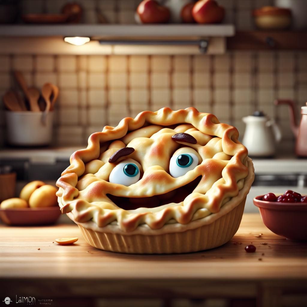 Laughing Pies in Rustic Kitchen: 3D Render