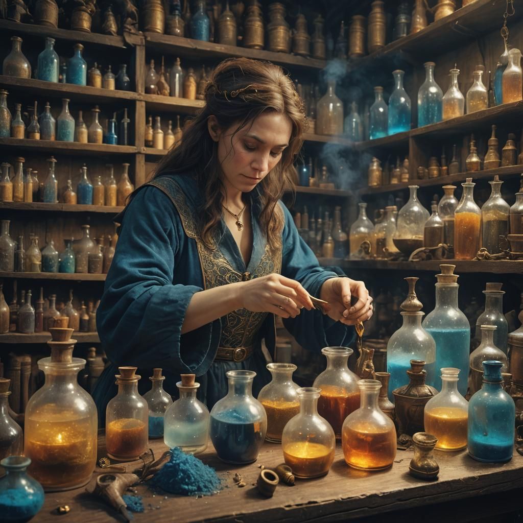 Alchemist Crafting Potions: Fantasy Concept Art