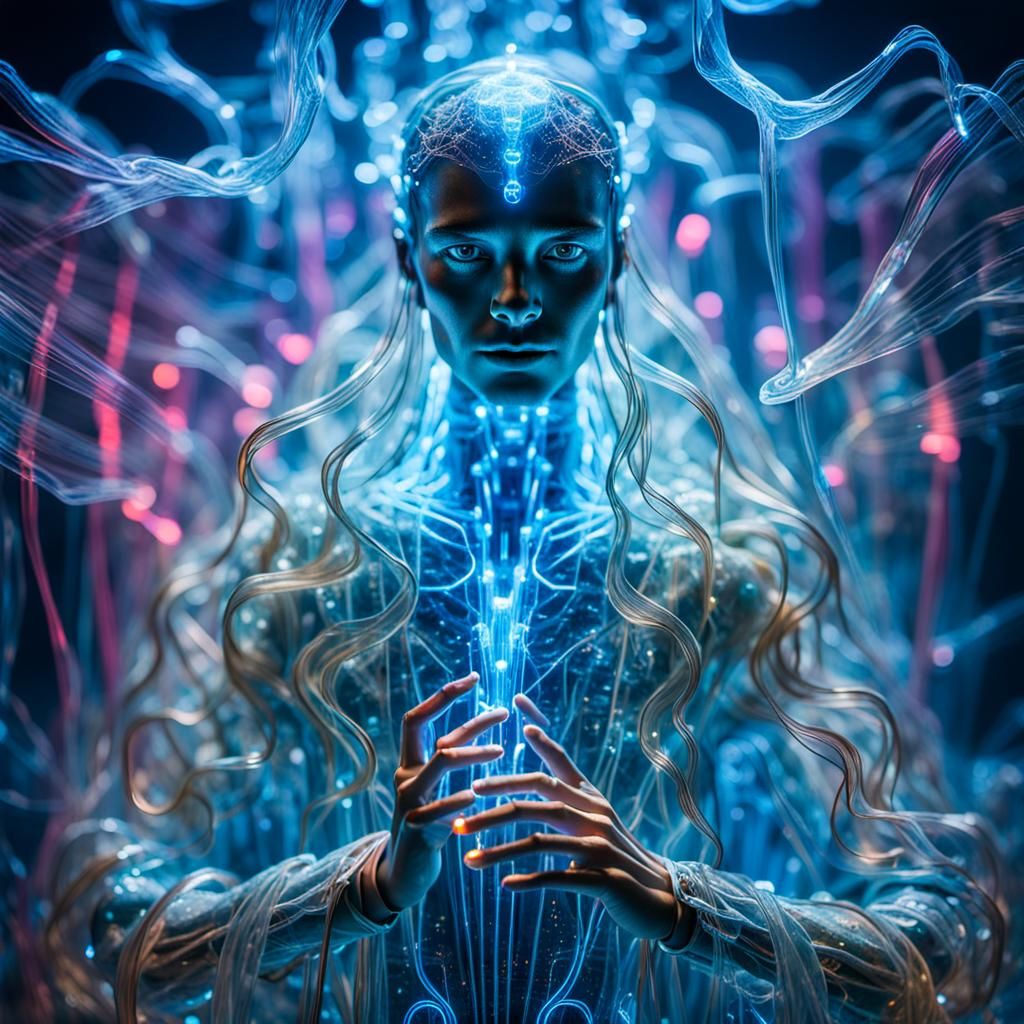 Ethereal Sci-Fi Glass Figure in Neon Light