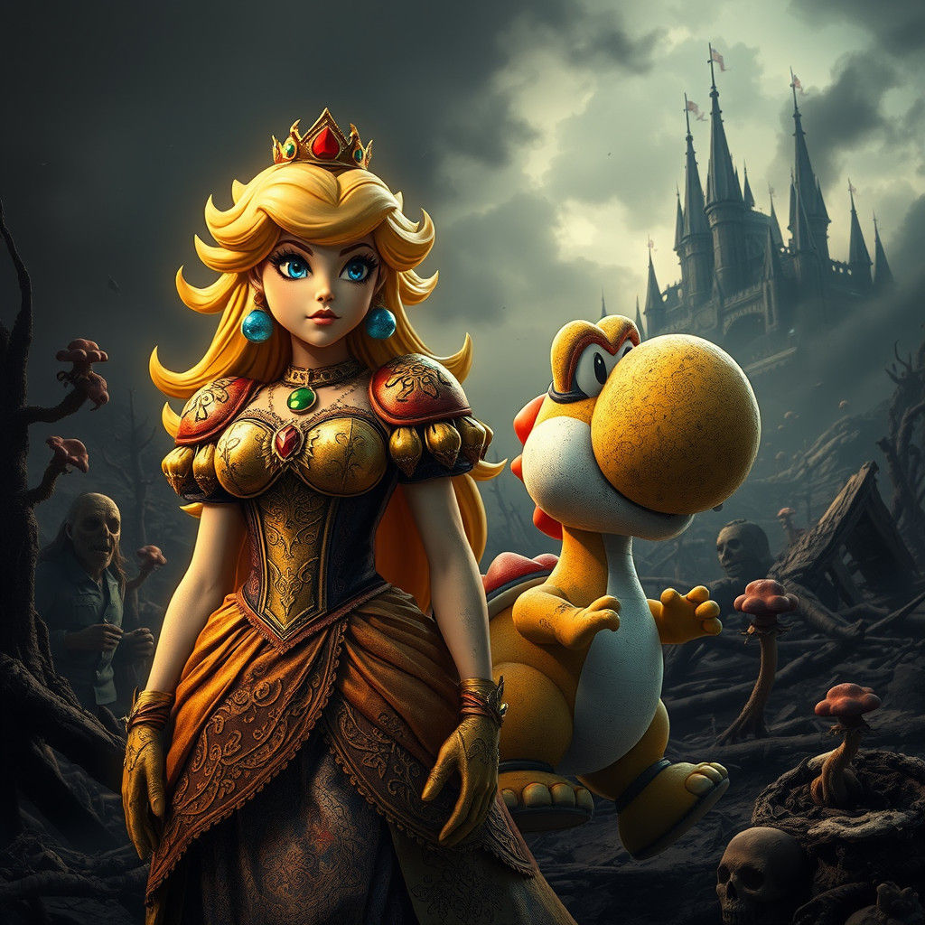 Princess Peach and Yoshi in Dark Fantasy Apocalypse
