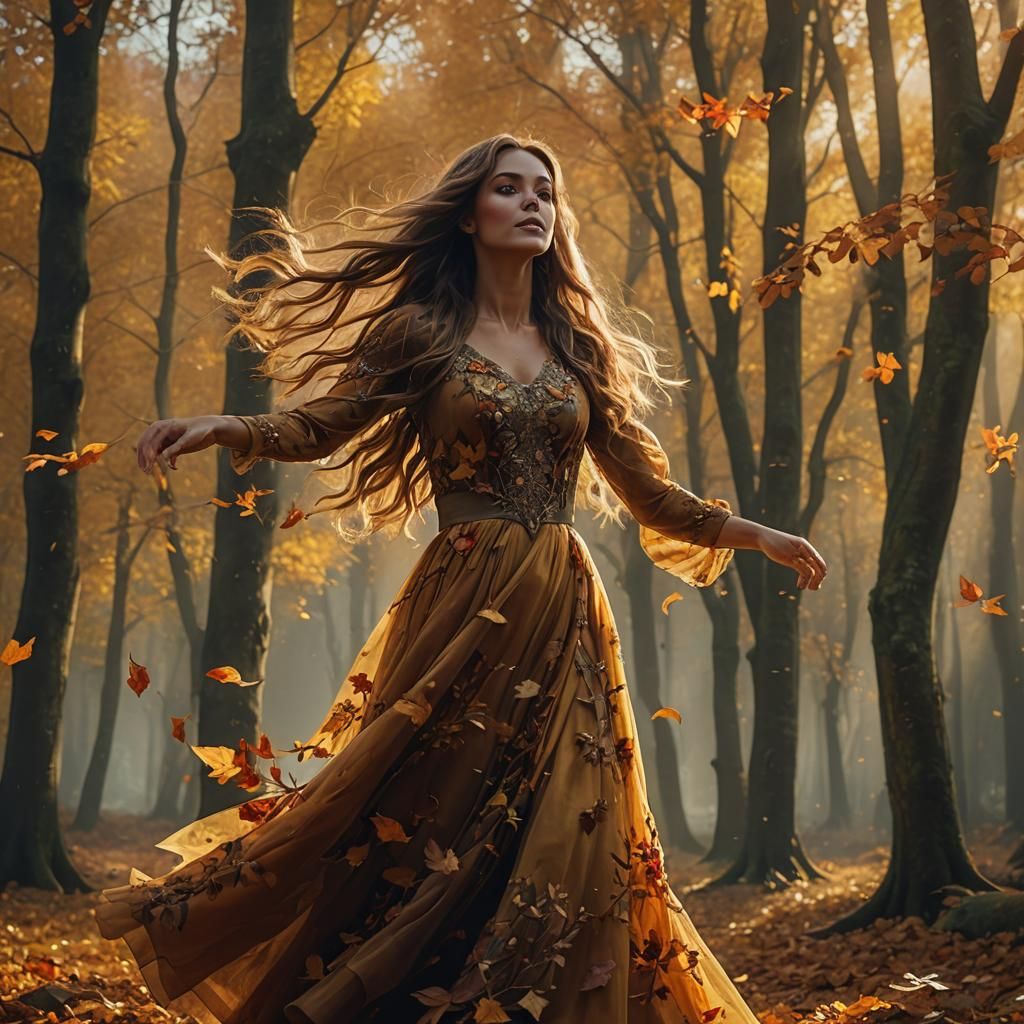 Autumn Girl Dancing in Forest: Cinematic Digital Art