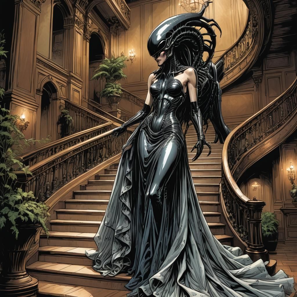 Xenomorph in Gown Descends Staircase: Comic Book Art
