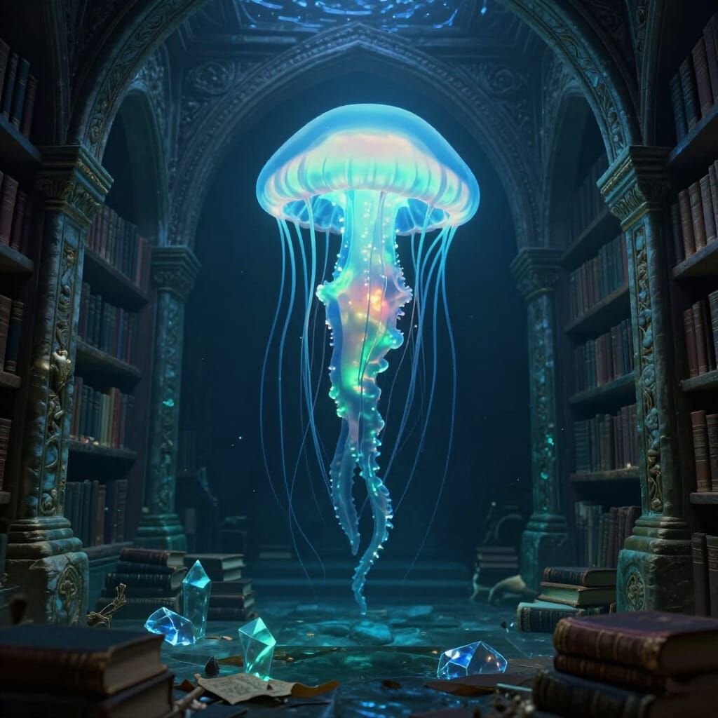 Bioluminescent Jellyfish in Submerged Ancient Library