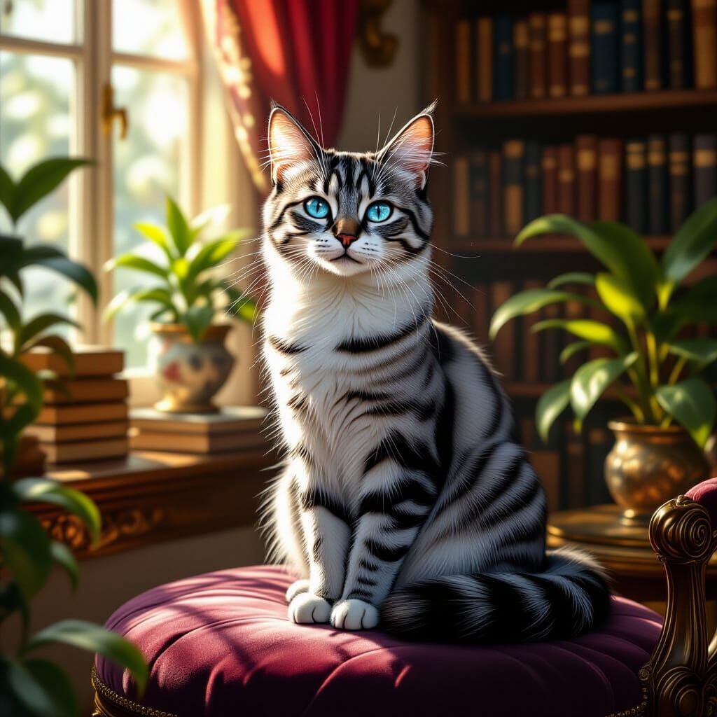 Elegant Tabby Cat on Velvet Cushion in Sunlight