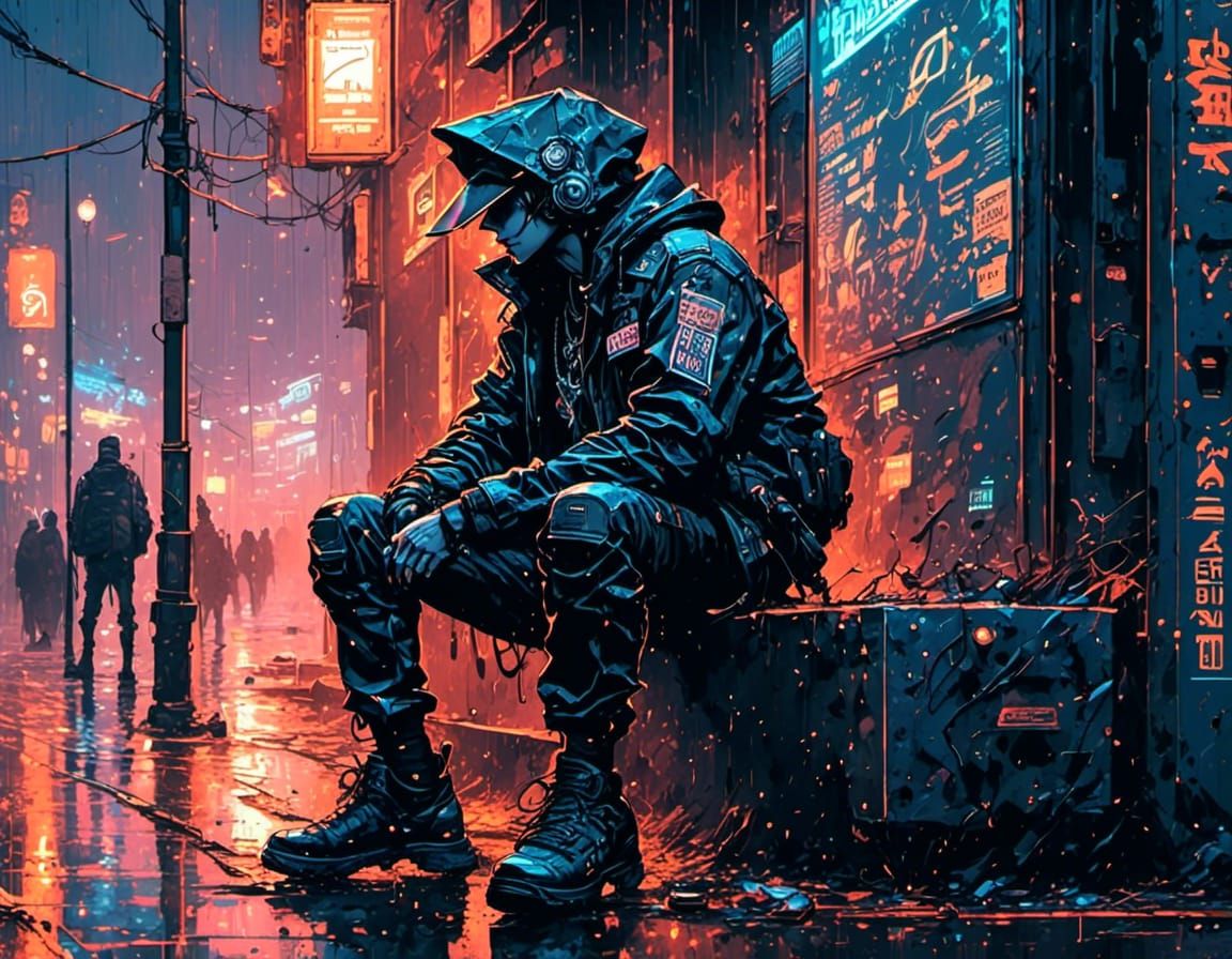 Punk in Rainy Cyberpunk Alleyway