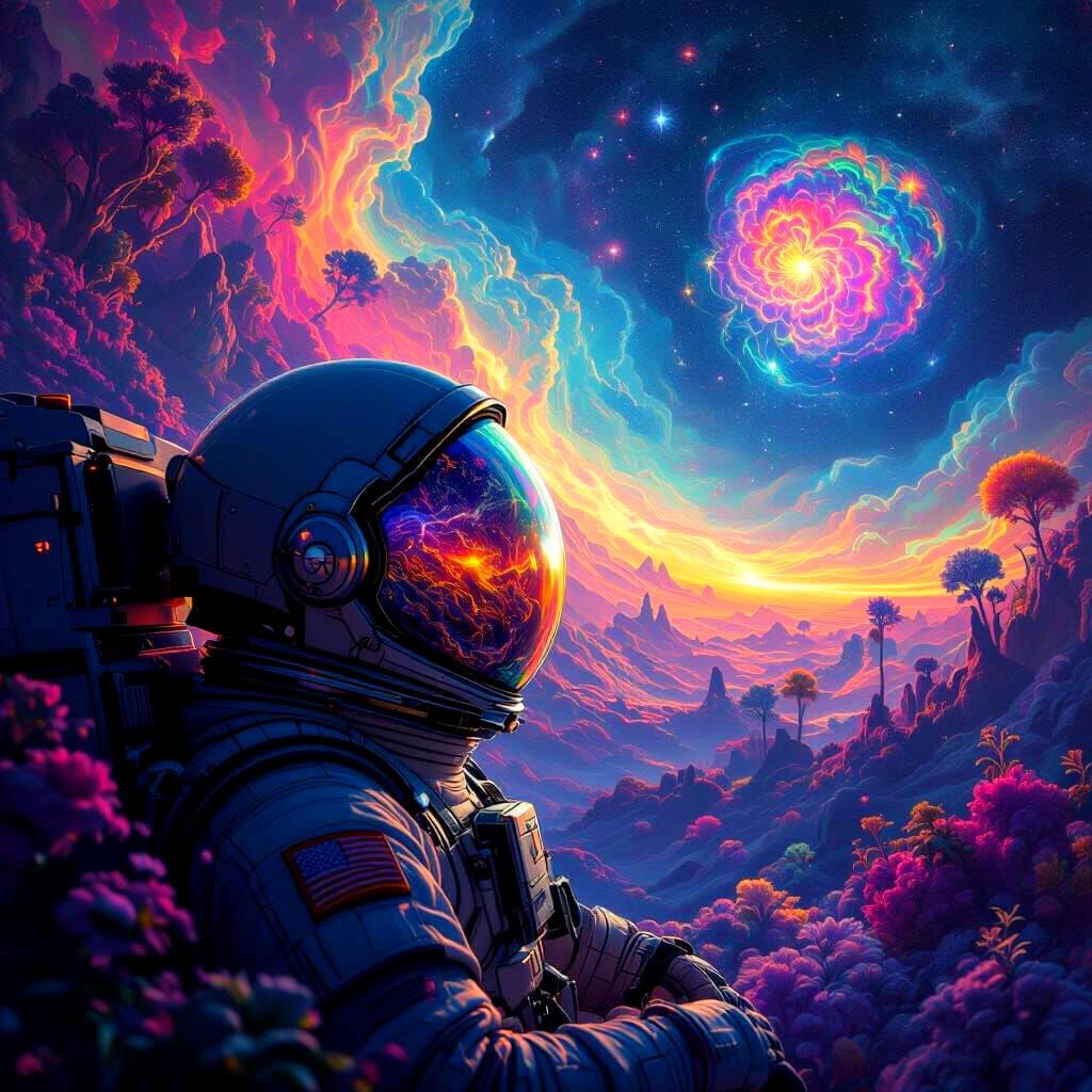 Astronaut Adrift in Vibrant Nebula, Cosmic Reflection
