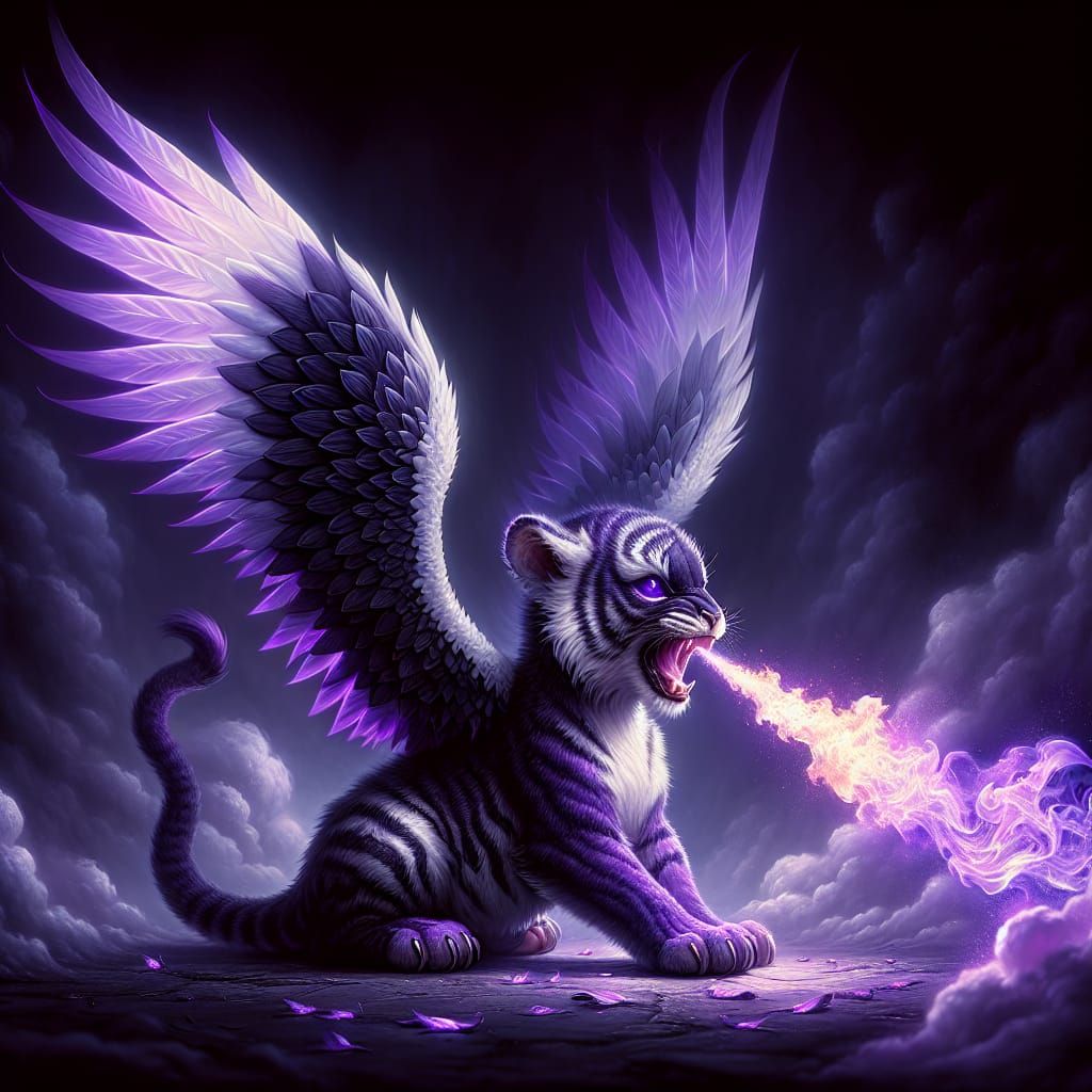 Dark Fantasy Baby Tiger with Angel Wings and Purple Flames
