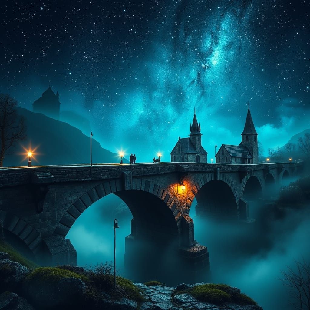 Mystical Medieval Bridge Under Starry Night Sky
