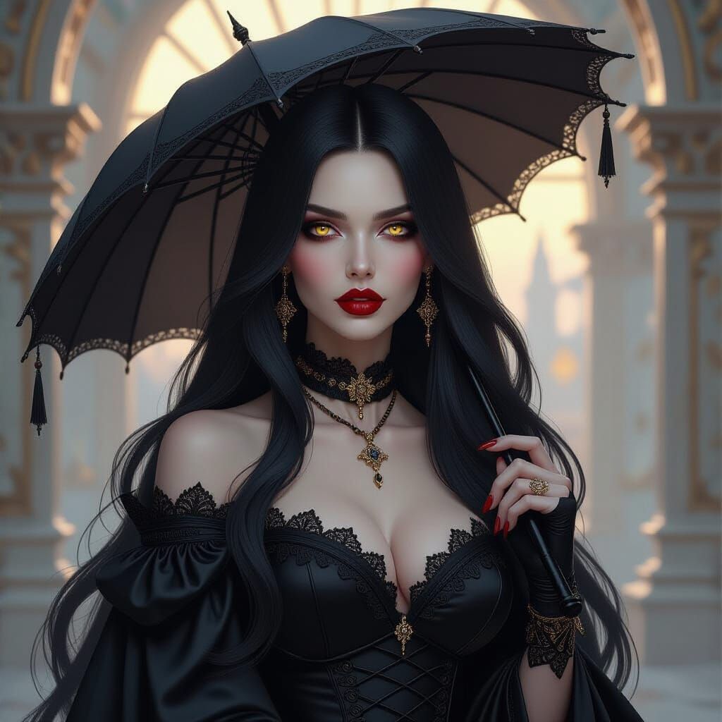 Gothic Woman in Black Gown with Red Lips