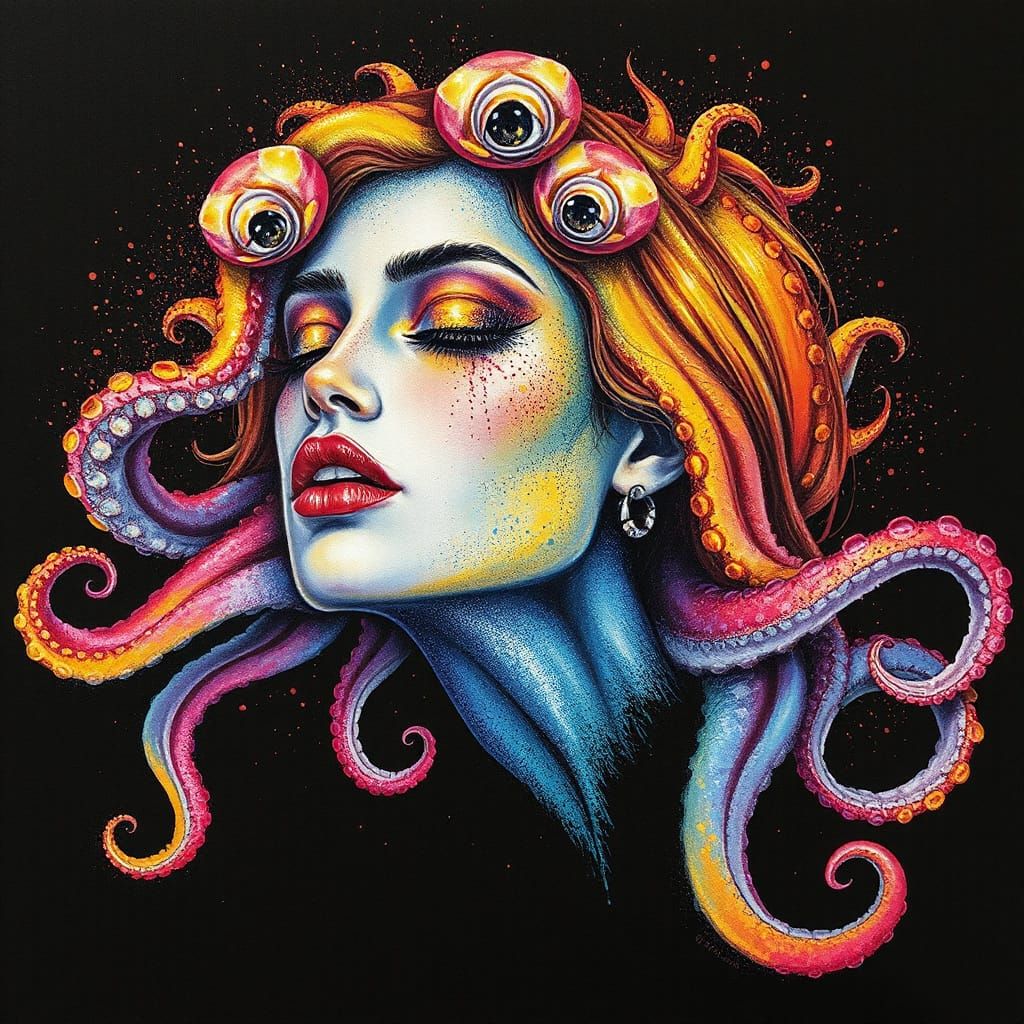 Mysterious Siren with Iridescent Octopus Hair in Vibrant Col...