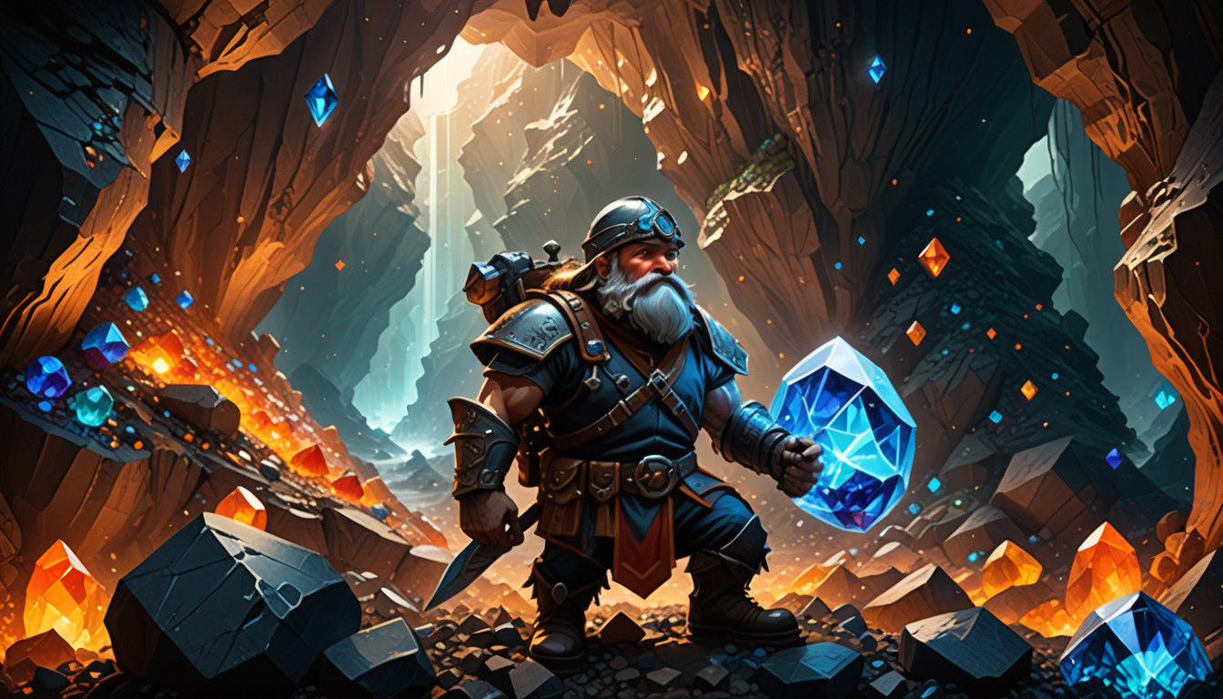 Fantasy Dwarf Miner Discovers Vibrant Gemstone Cavern