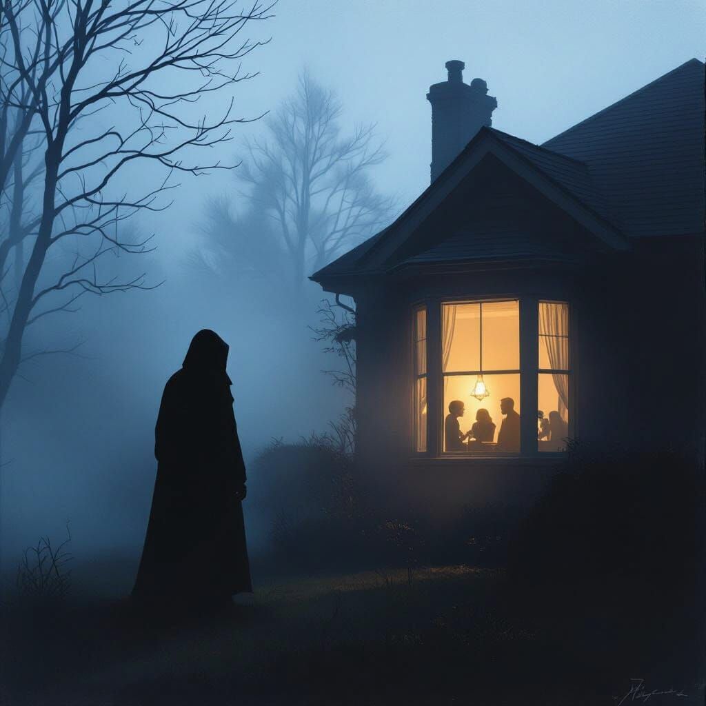 Mysterious Figure Peering into House Window at Dusk