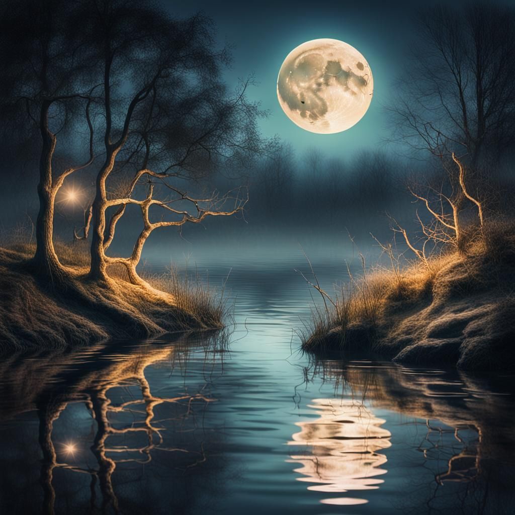 Dreamlike Moon Reflection in Fantasy Water