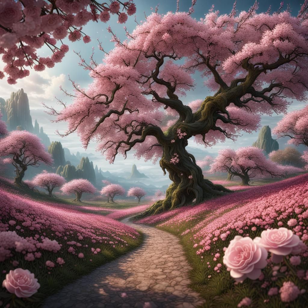 Cherry Blossom Field with Universal Rose: Fantasy Art