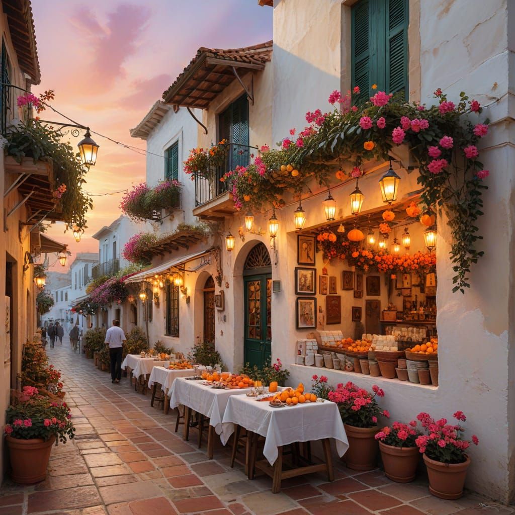 Bustling Mediterranean Town at Sunset with Vibrant Fruit and...