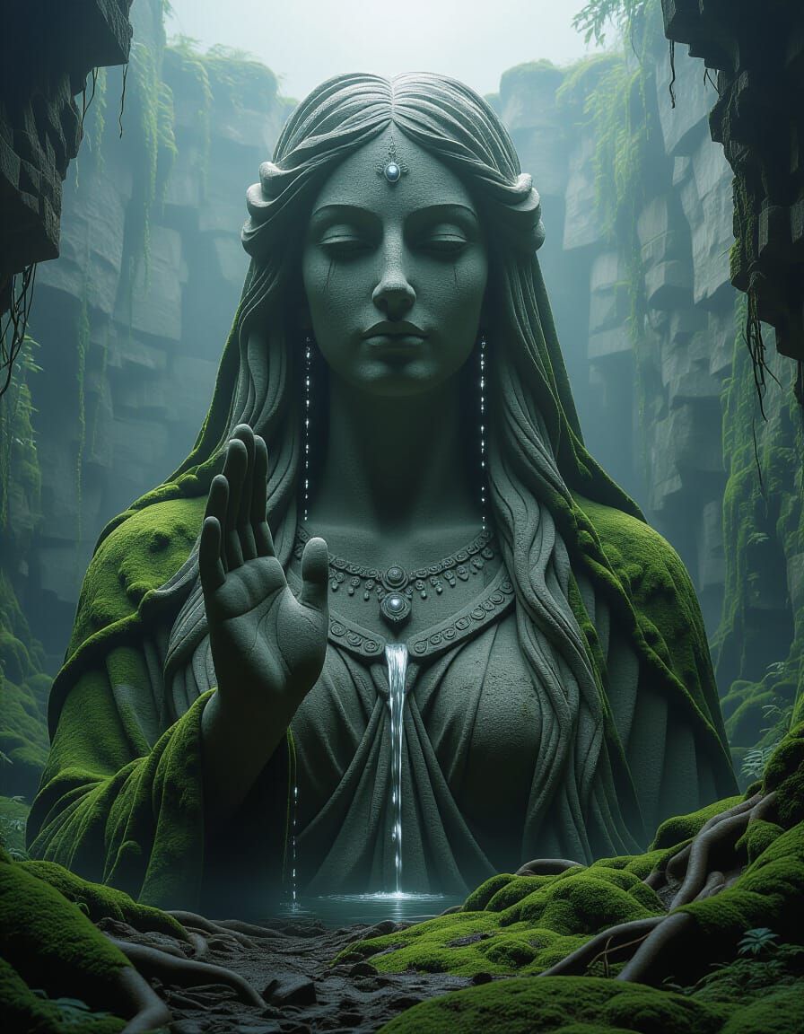 Slavic Goddess Mokosh Statue Emerges from Earth and Moss