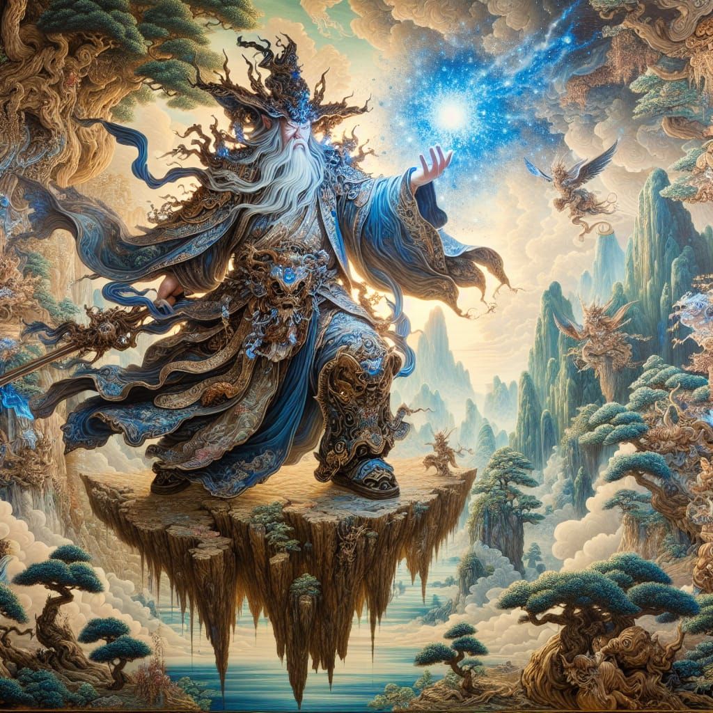 Eastern Magical Wizard Soars Amidst Dramatic Landscape in Tr...