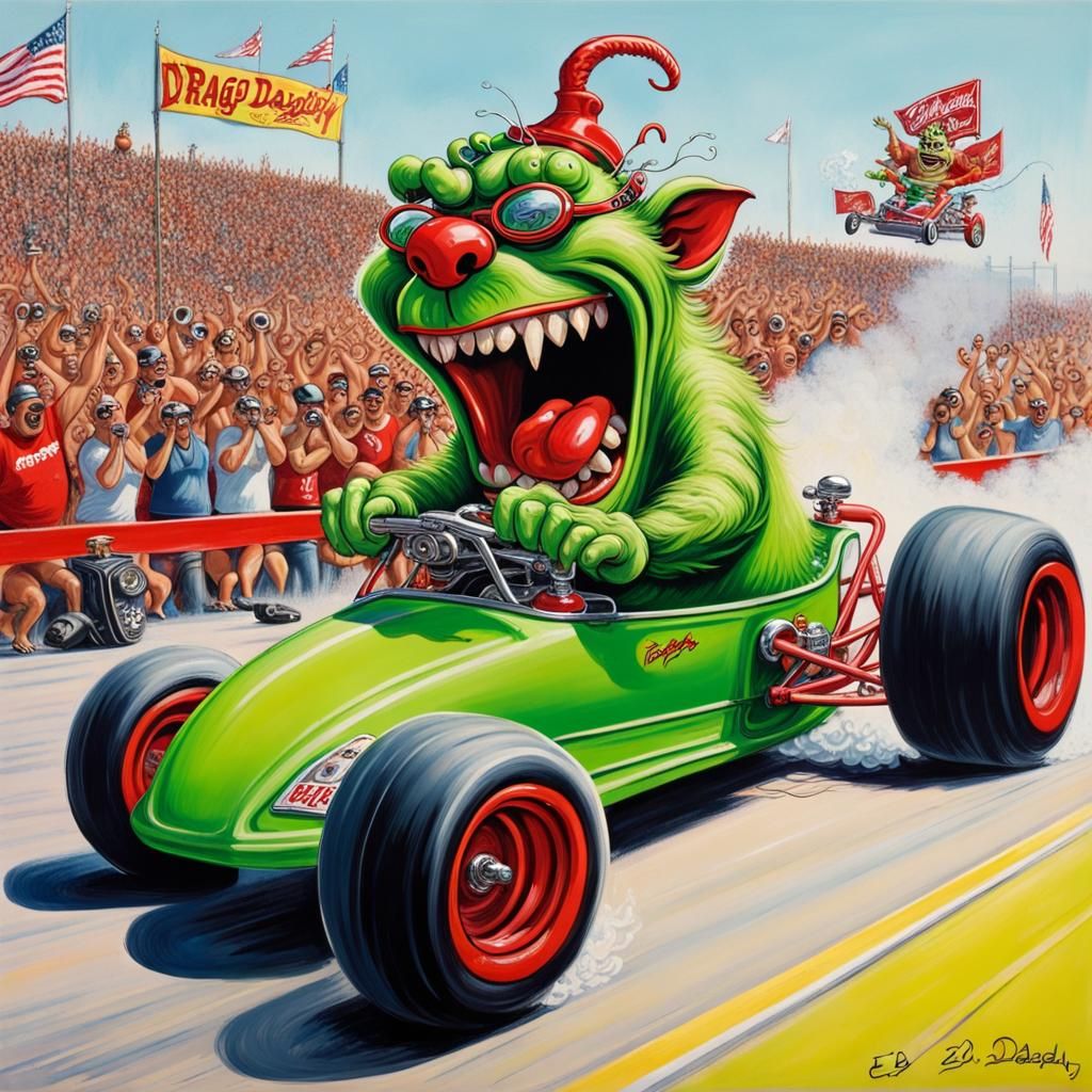 Green Monster Dragster Victory in Rat Fink Style