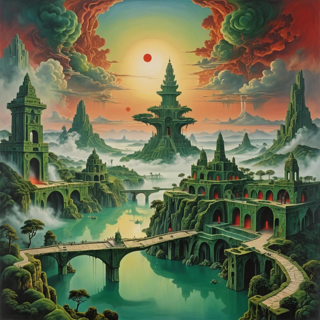 Surreal Mayan City of Green Marble in Oil