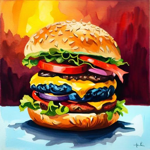 Beautiful Burger as Gouache Impressionist Painting