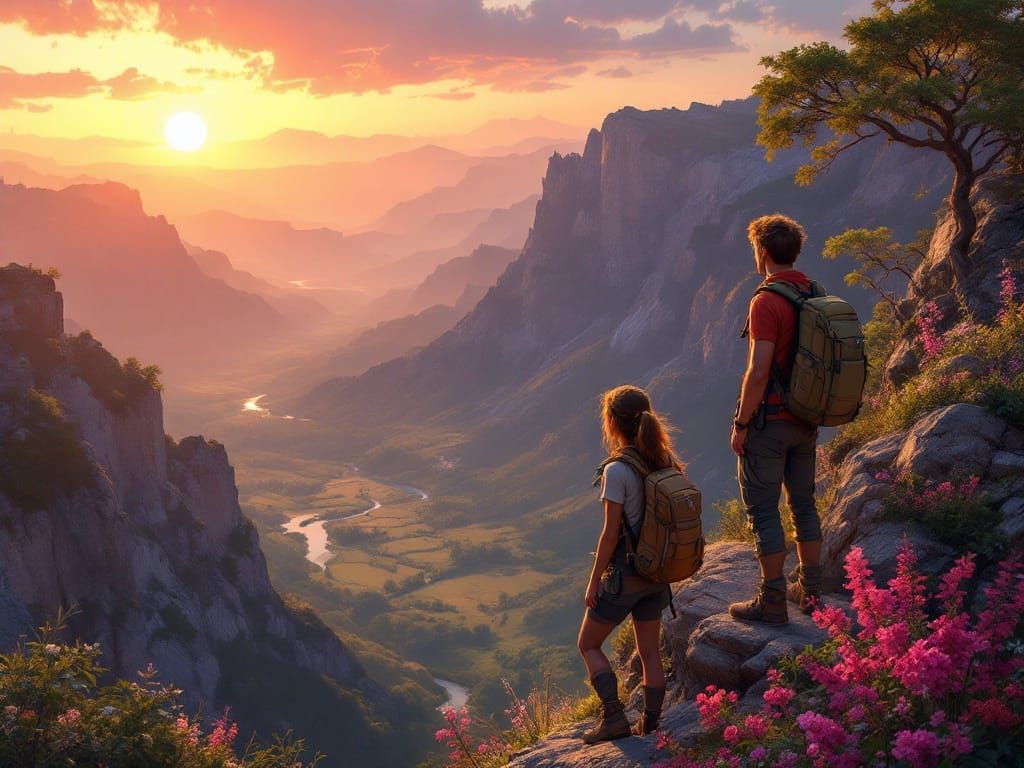 Youthful Explorers Survey a Vibrant Valley in Sunset Splendo...