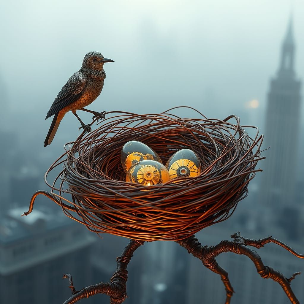 Steampunk Bird Guarding Gearwork Eggs in Metal Nest