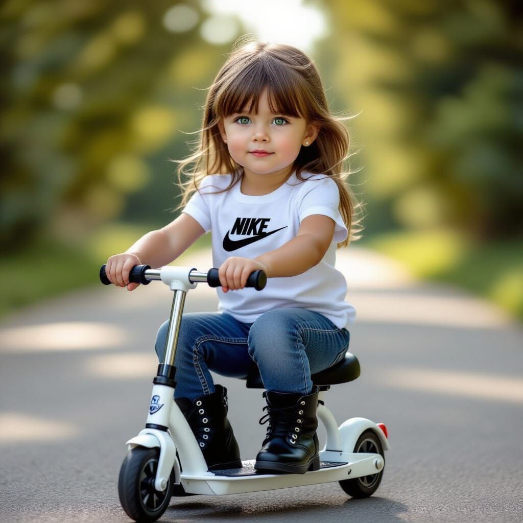 Photorealistic Girl Riding Scooter in Cinematic Light