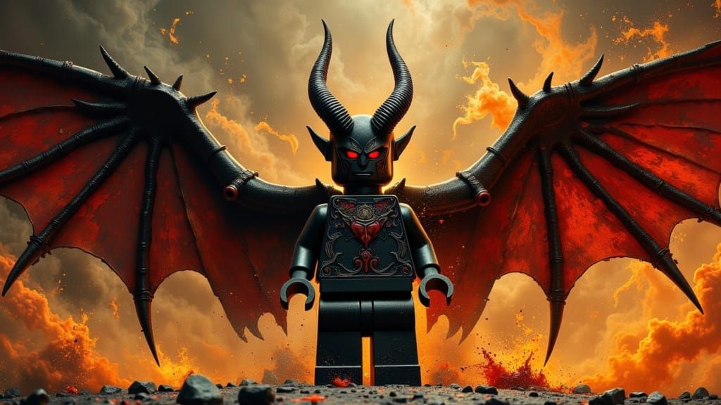 Lego Tiefling with Wings in Dark Oil Paint Style