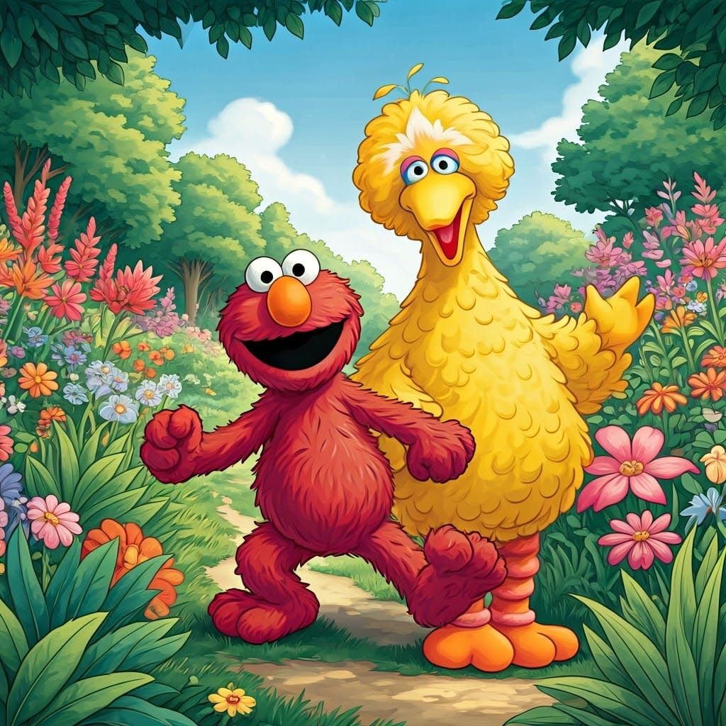 Elmo and Big Bird Play in Whimsical Sunny Park