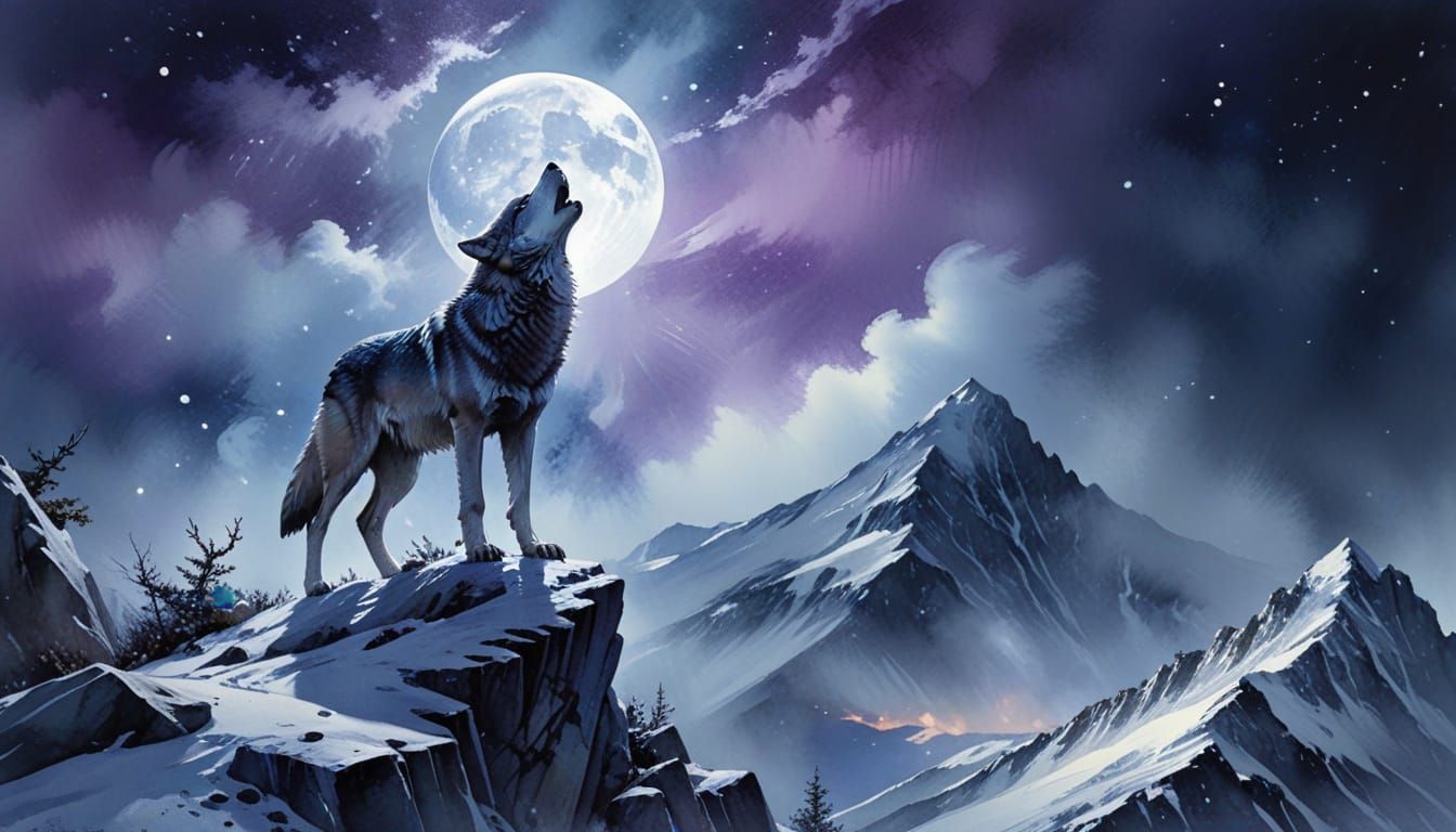 Lone Wolf Howling at Moon in Watercolor Painting