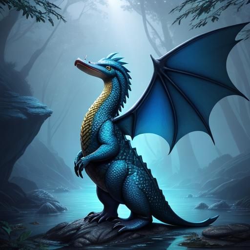 Fantasy Platypus Dragon on Rocky Riverbank