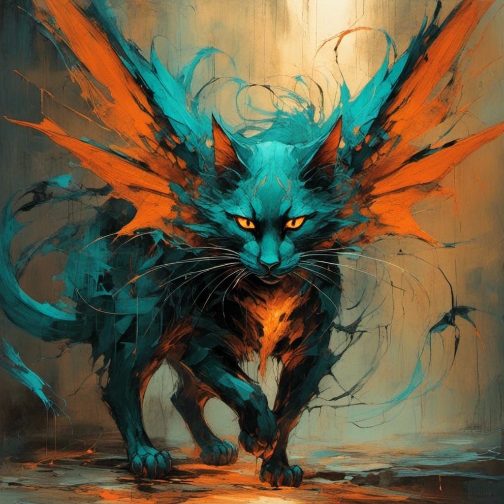 Dragon-Winged Cat in Alleyway, Watercolour Style