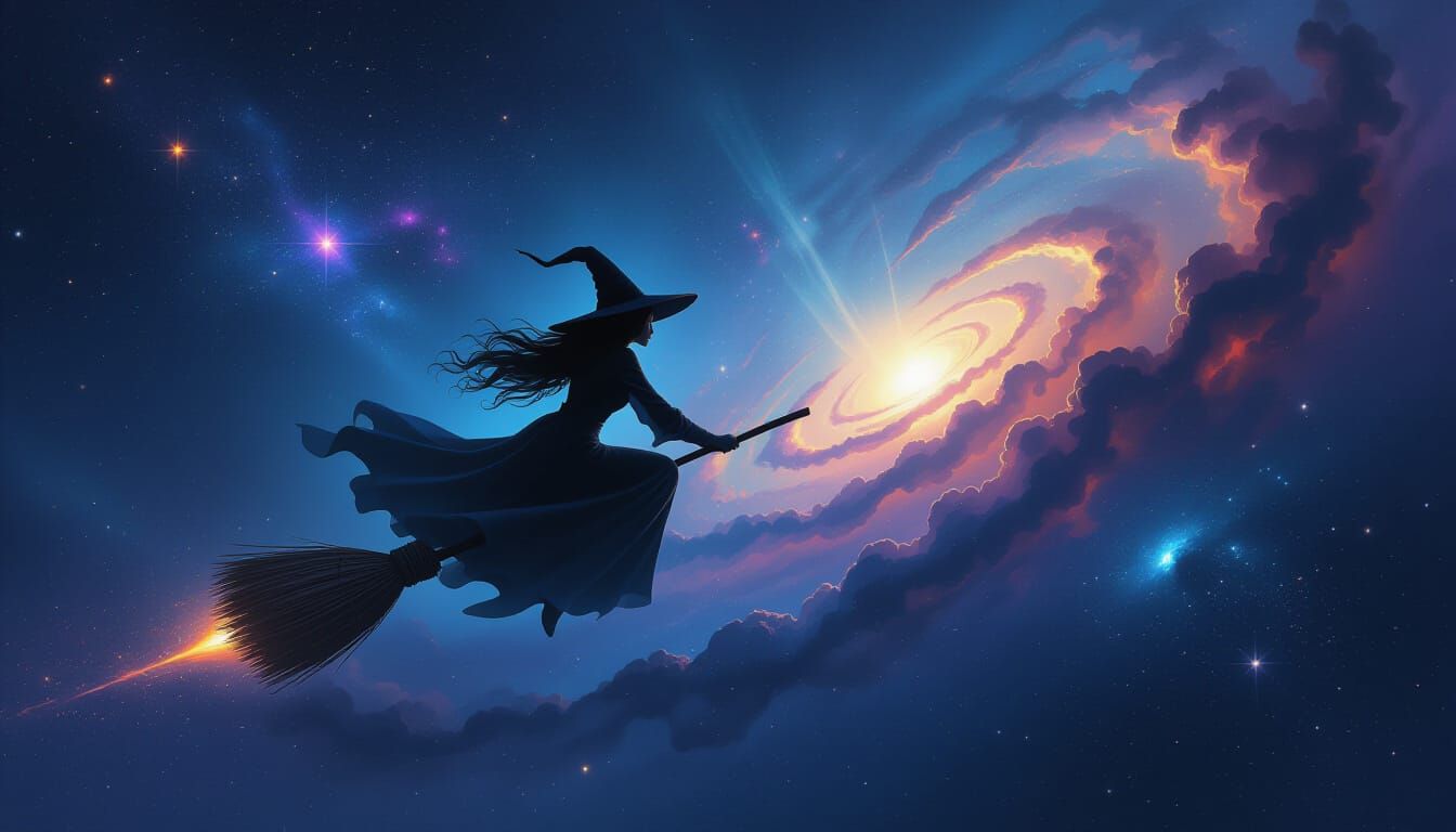 Witch Riding Broom Through Cosmic Nebula