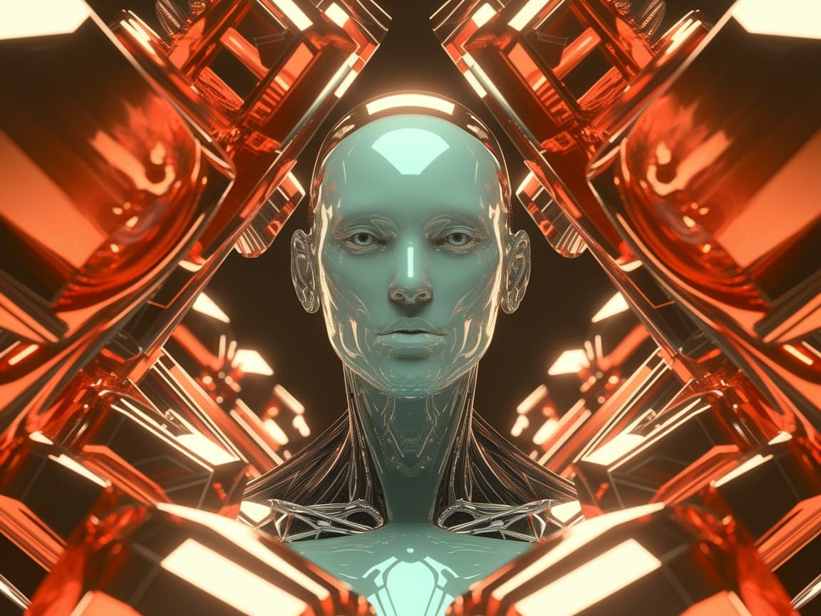 Symmetrical Futuristic Android in Teal and Orange Metallic H...