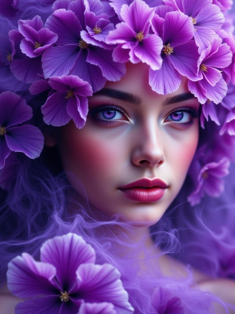 Surreal Purple Energy Portrait with Blooming Flowers