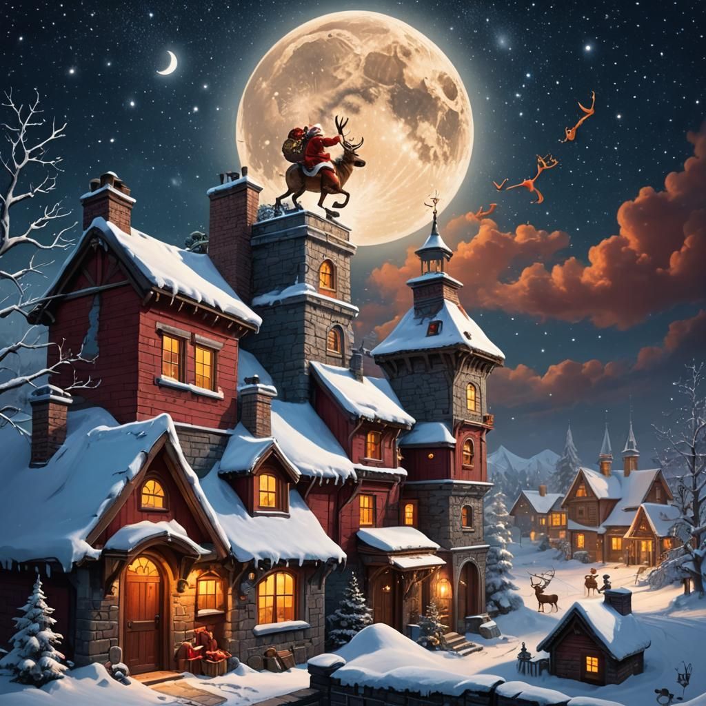 Santa Claus Climbing into Chimney on Christmas Eve