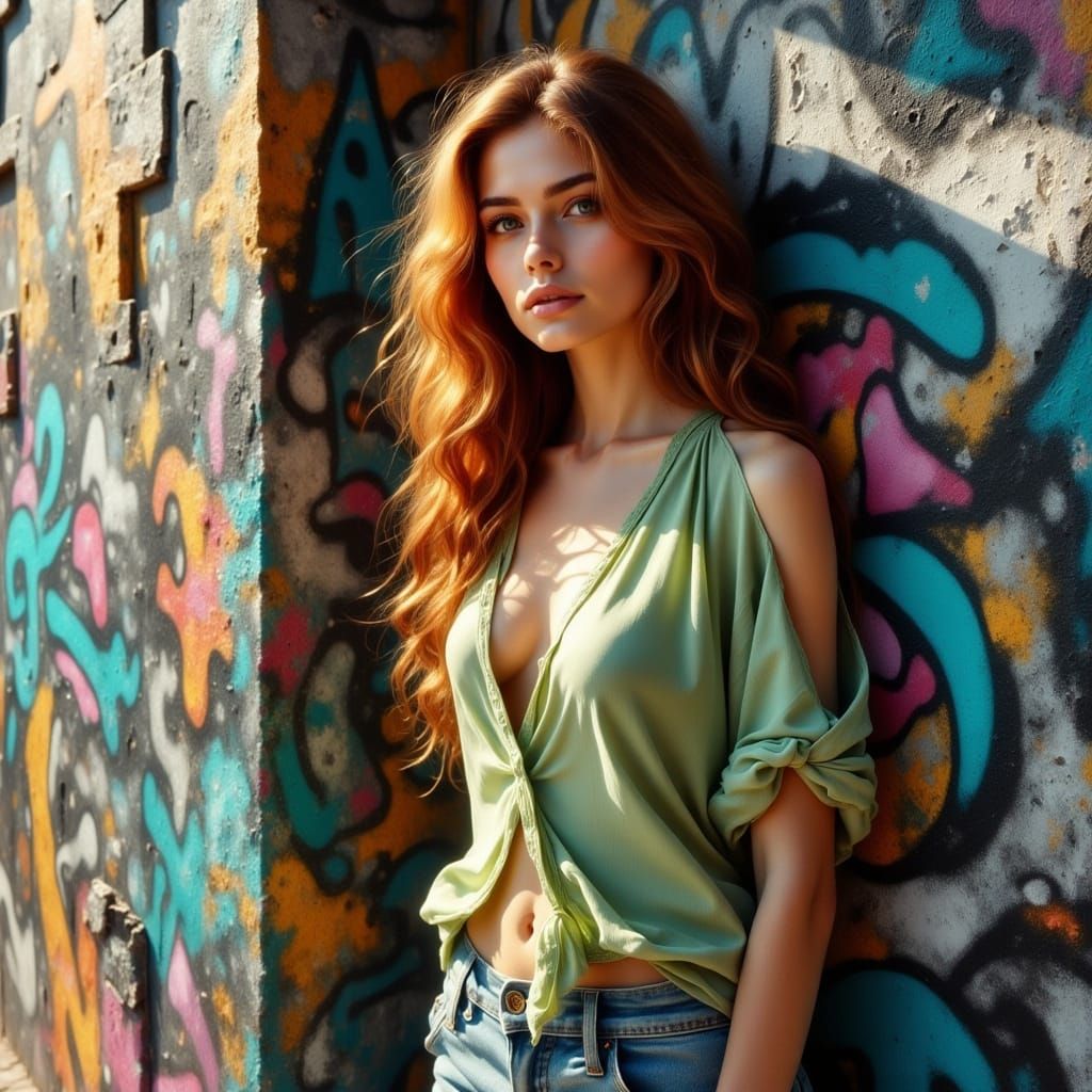 Auburn Beauty Leaning on Graffiti Wall as Oil Painting