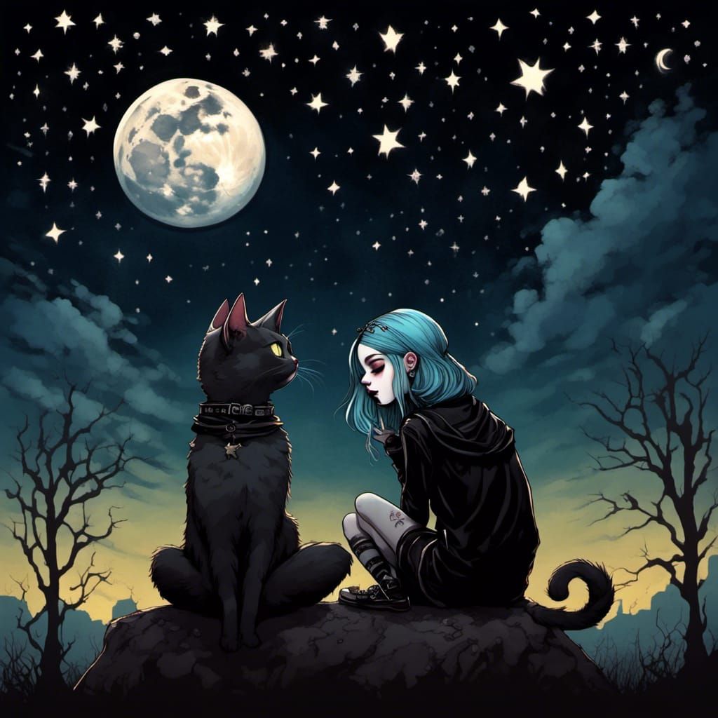 Anime Girl and Cat Stargazing in Witchpunk Style
