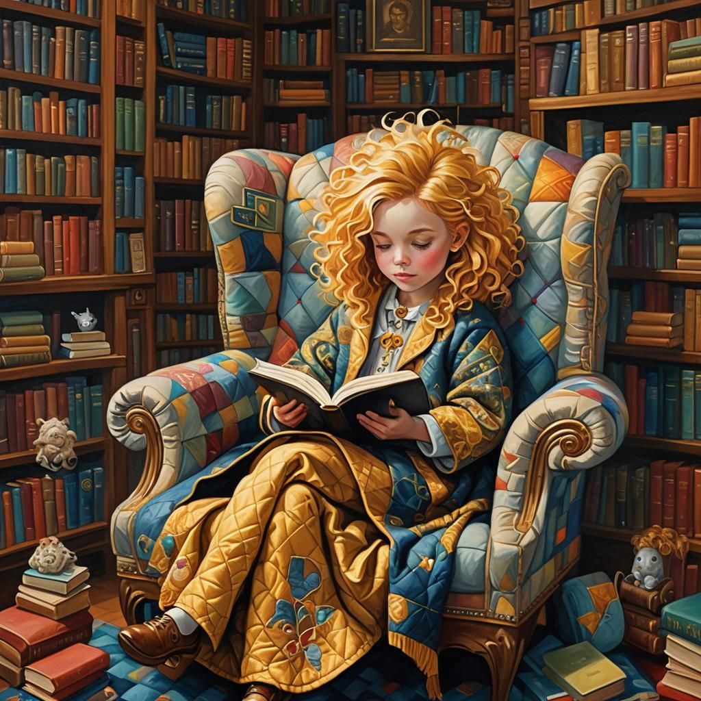 Quilted Library: A Whimsical Oil Painting
