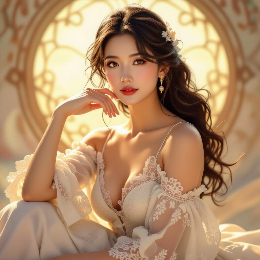 Elegant Woman in Lace Amidst Warm Light, Art Nouveau Style